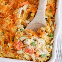 Spoonful of chicken noodle casserole in a white baking dish.