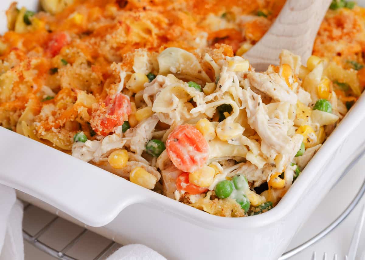 Spoonful of chicken noodle casserole.