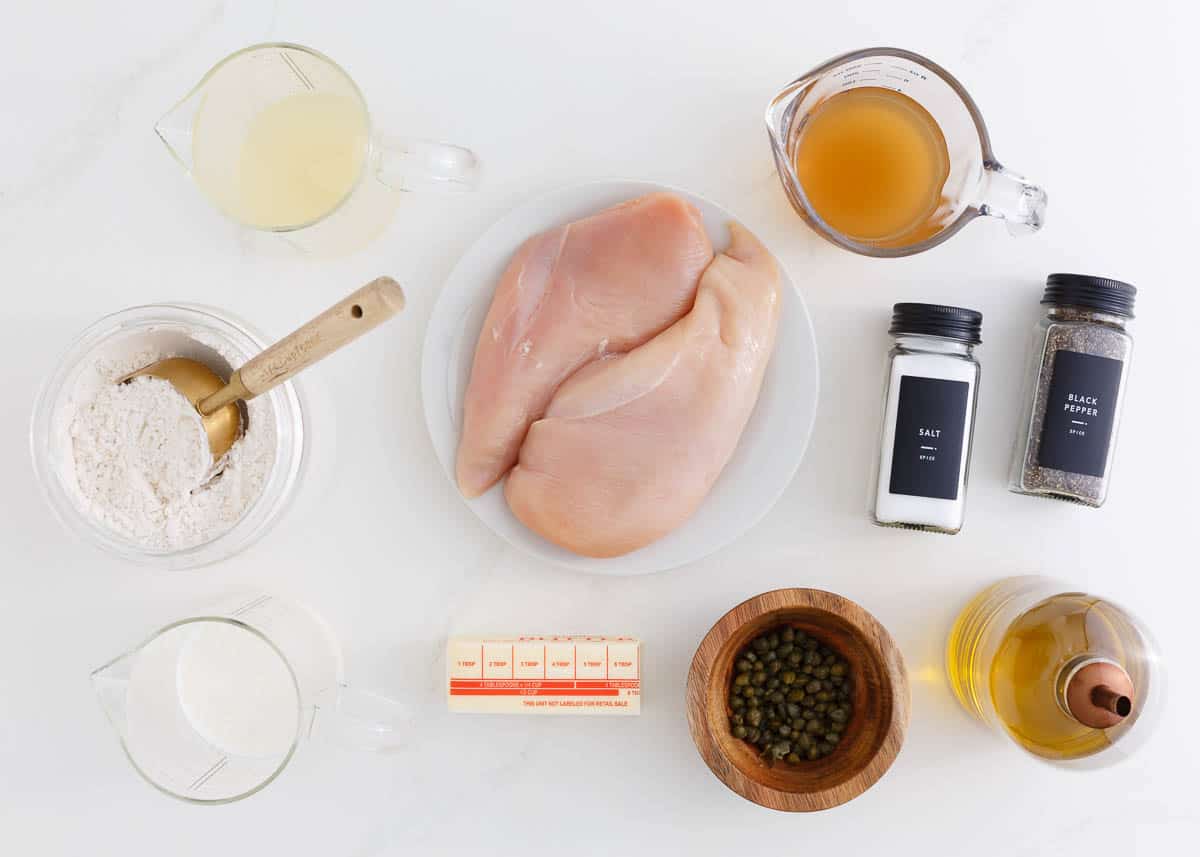 Chicken piccata ingredients on the counter.