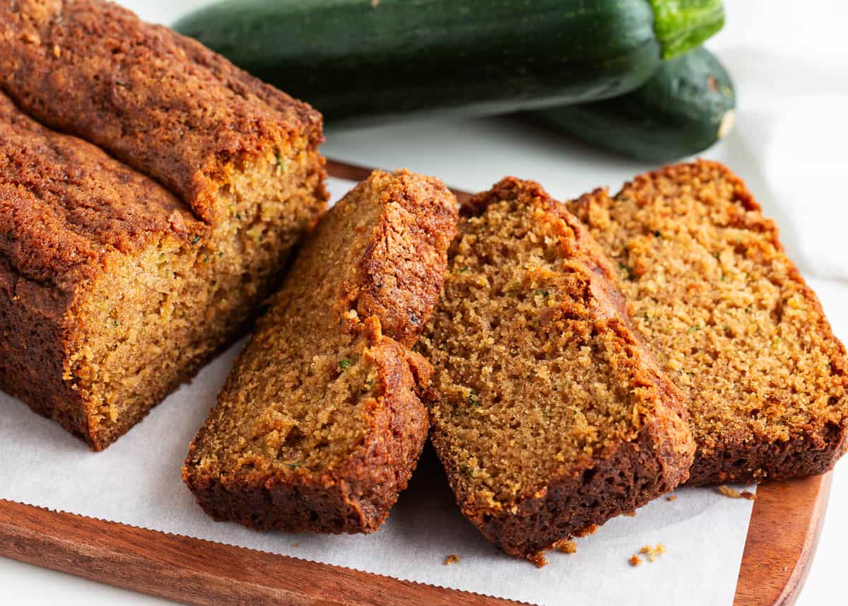 Sliced zucchini bread showing a favorite way to make a zucchini recipe.