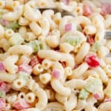 Macaroni salad in a bowl.