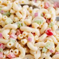 Macaroni salad in a bowl.