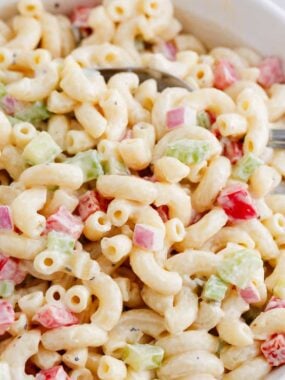 Close up of easy macaroni salad in a serving bowl.