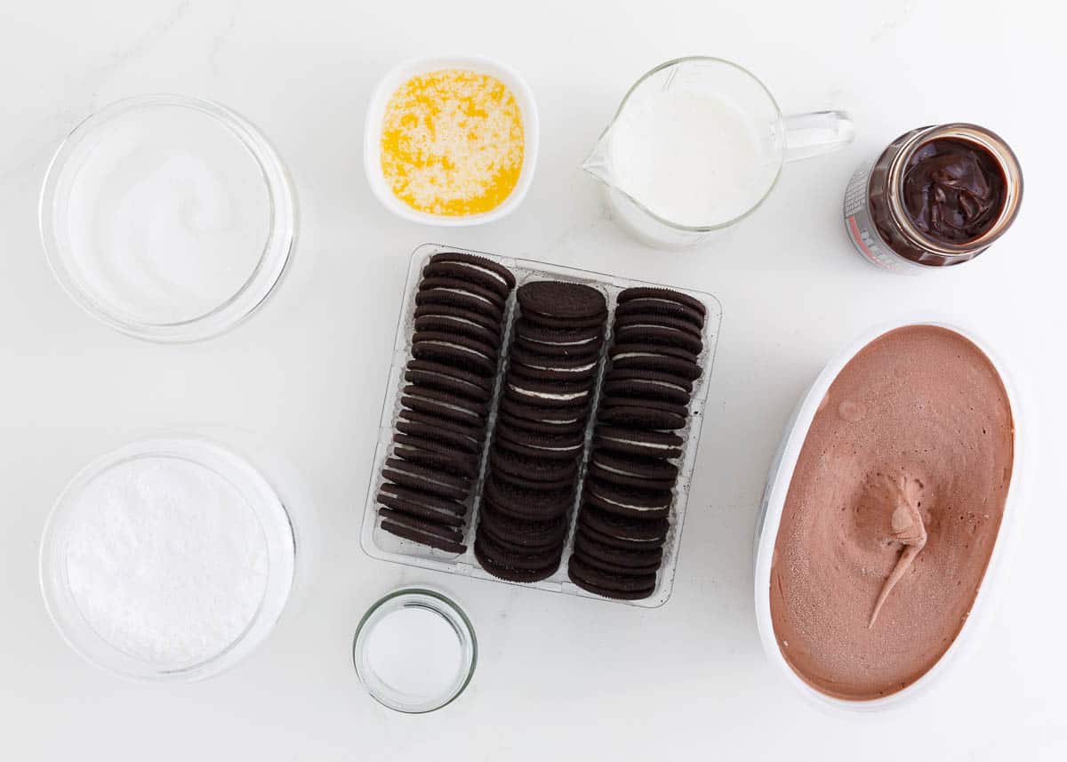 Mud pie ingredients on the counter.