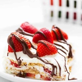A slice of strawberry ice box cake.