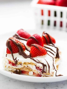 A slice of strawberry ice box cake.