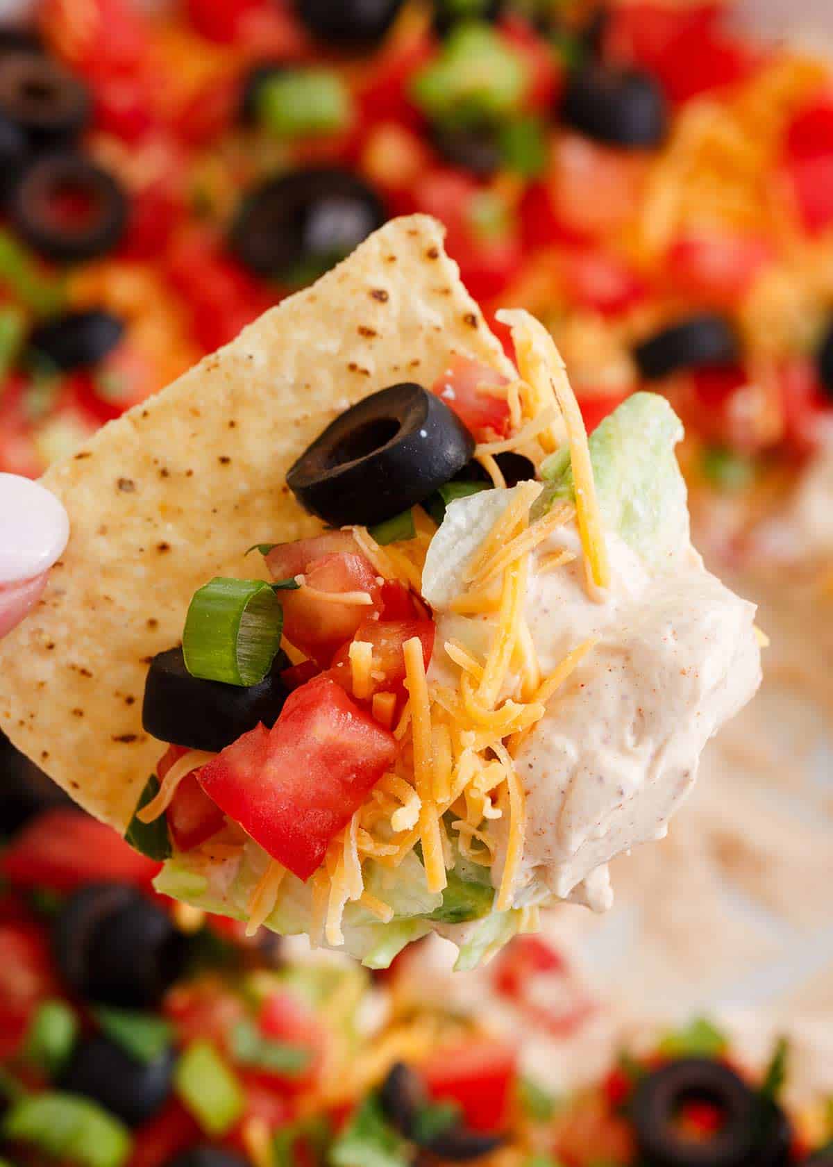 Dipping a tortilla chip into taco dip.