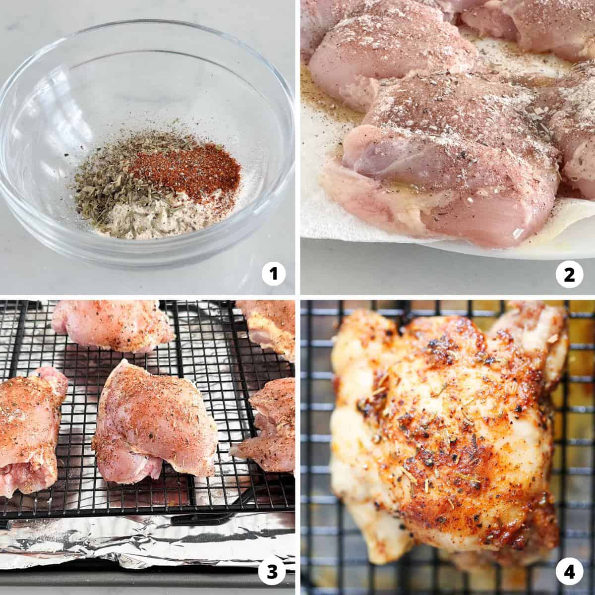 Showing how to bake chicken thighs in a 4 step collage.