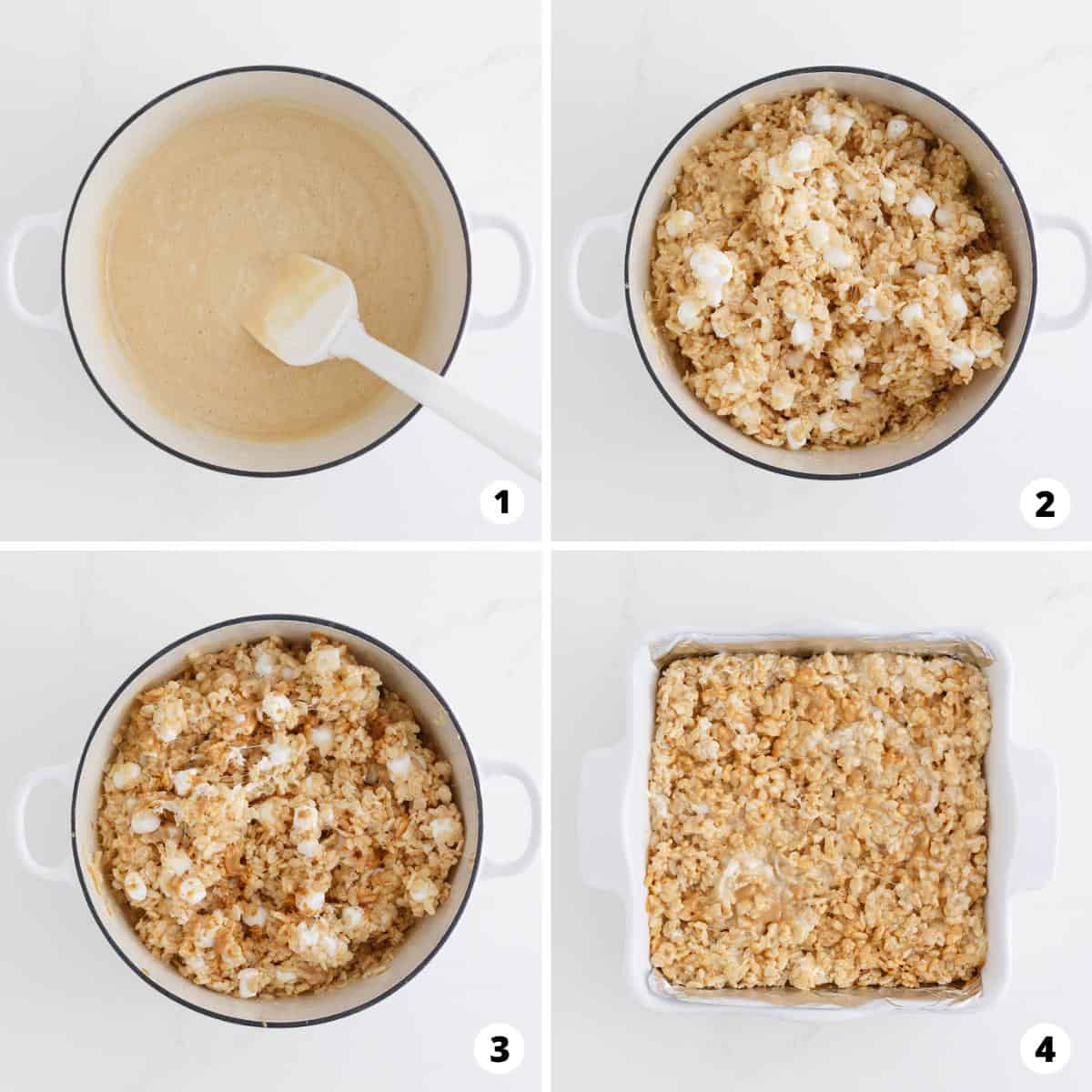 Showing how to make peanut butter rice krispie treats in a 4 step collage.