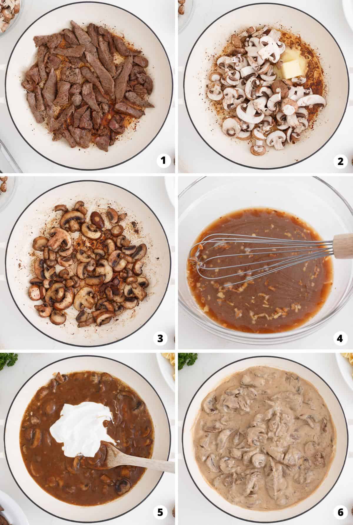 Showing how to make beef stroganoff in a 6 step collage.