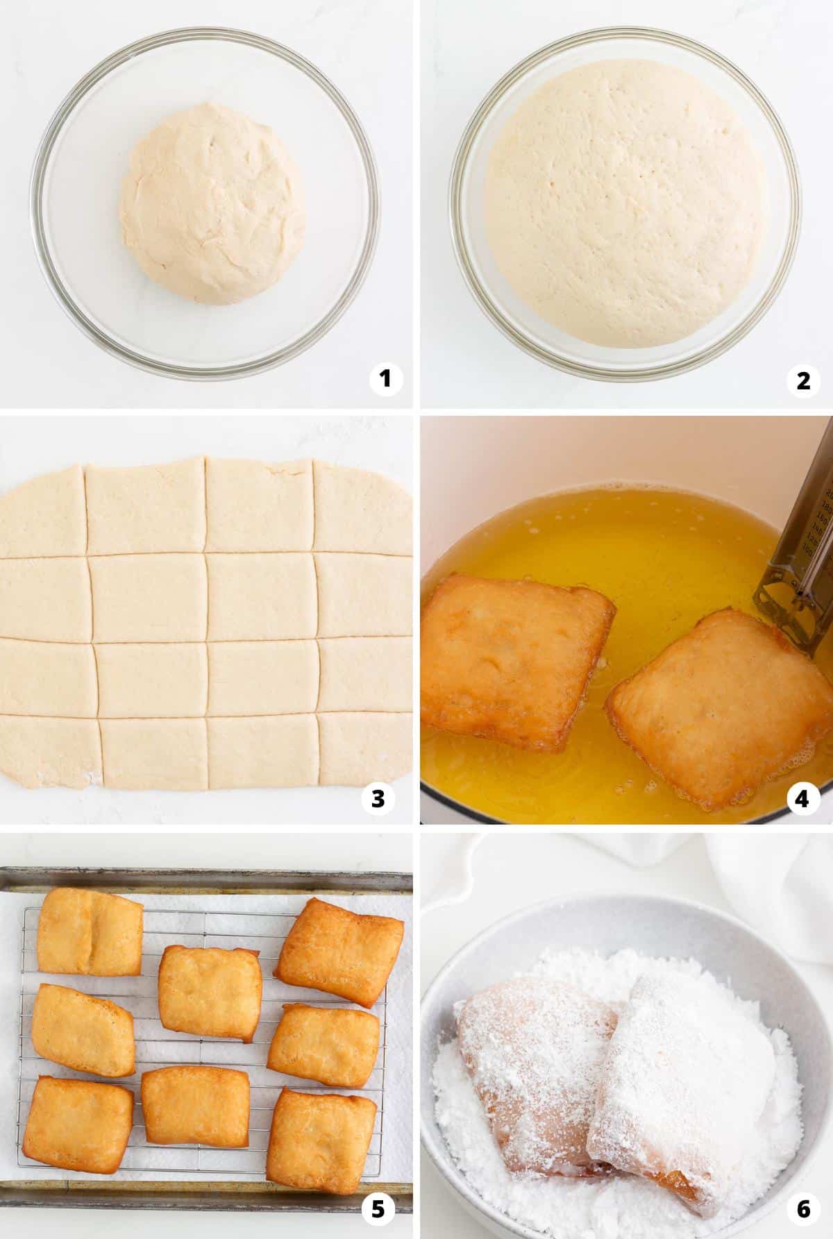 Showing how to make beignets in a 6 step collage.