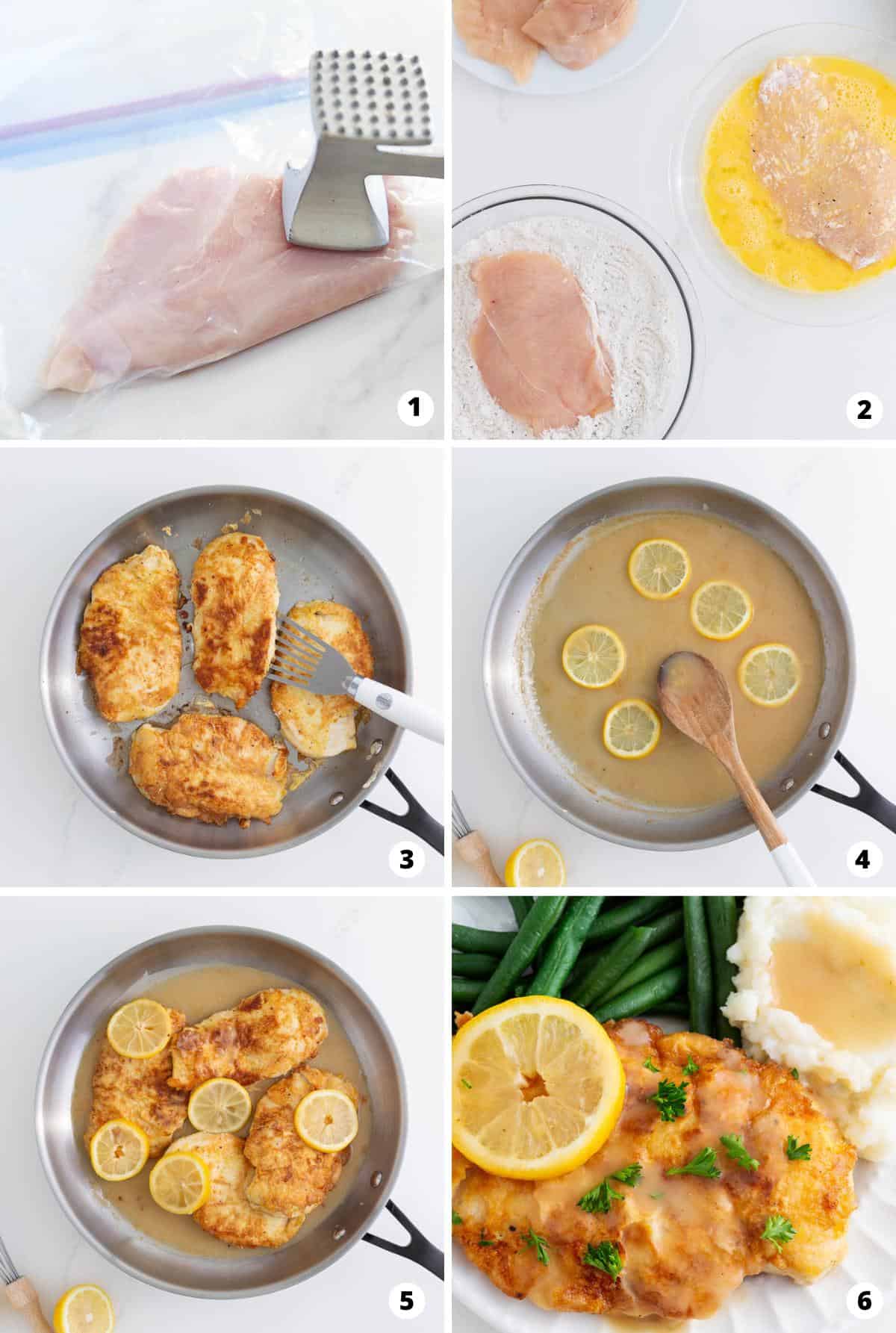 Showing how to make chicken francese in a 6 step collage. 