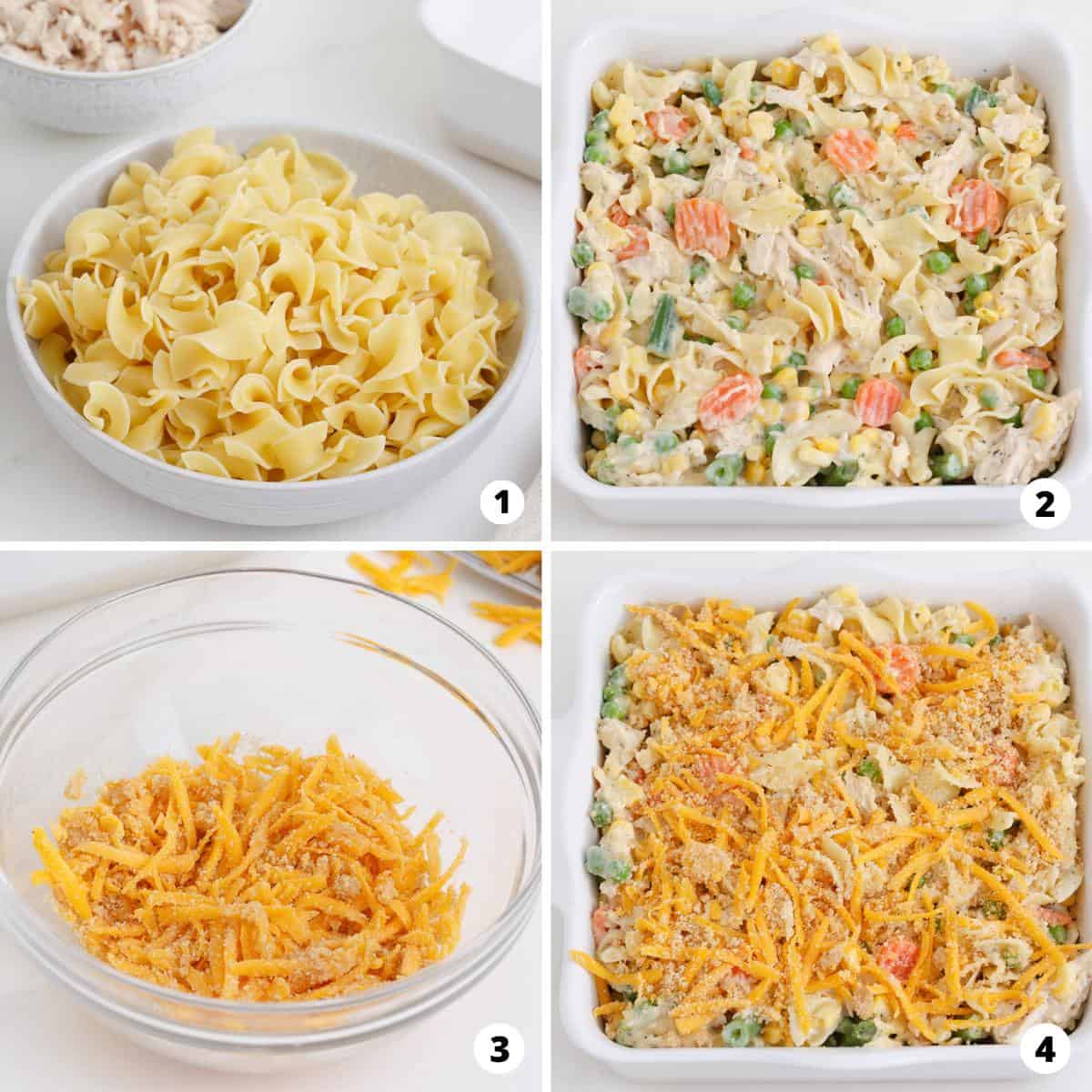 Showing how to make chicken noodle casserole in a 4 step collage.