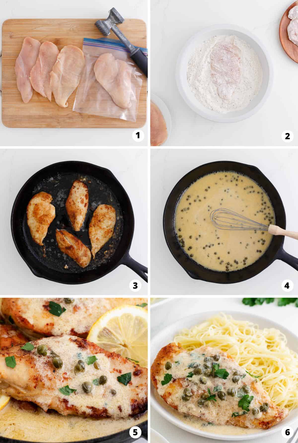 Showing how to make chicken piccata in a 6 step collage.