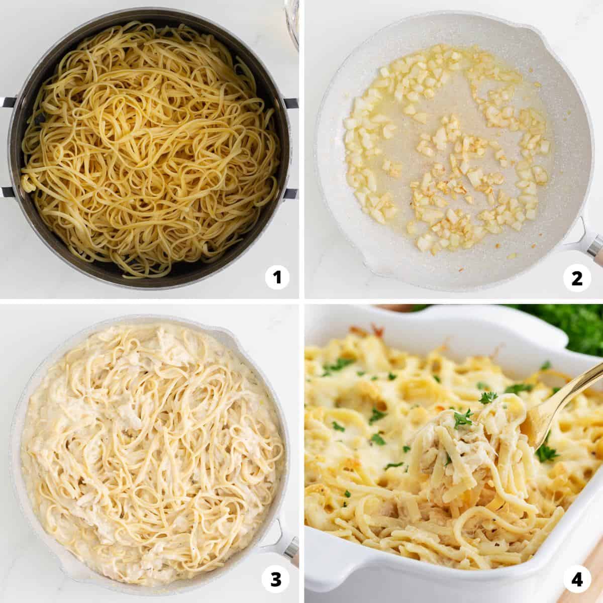 Showing how to make chicken tetrazzini in a 4 step collage.