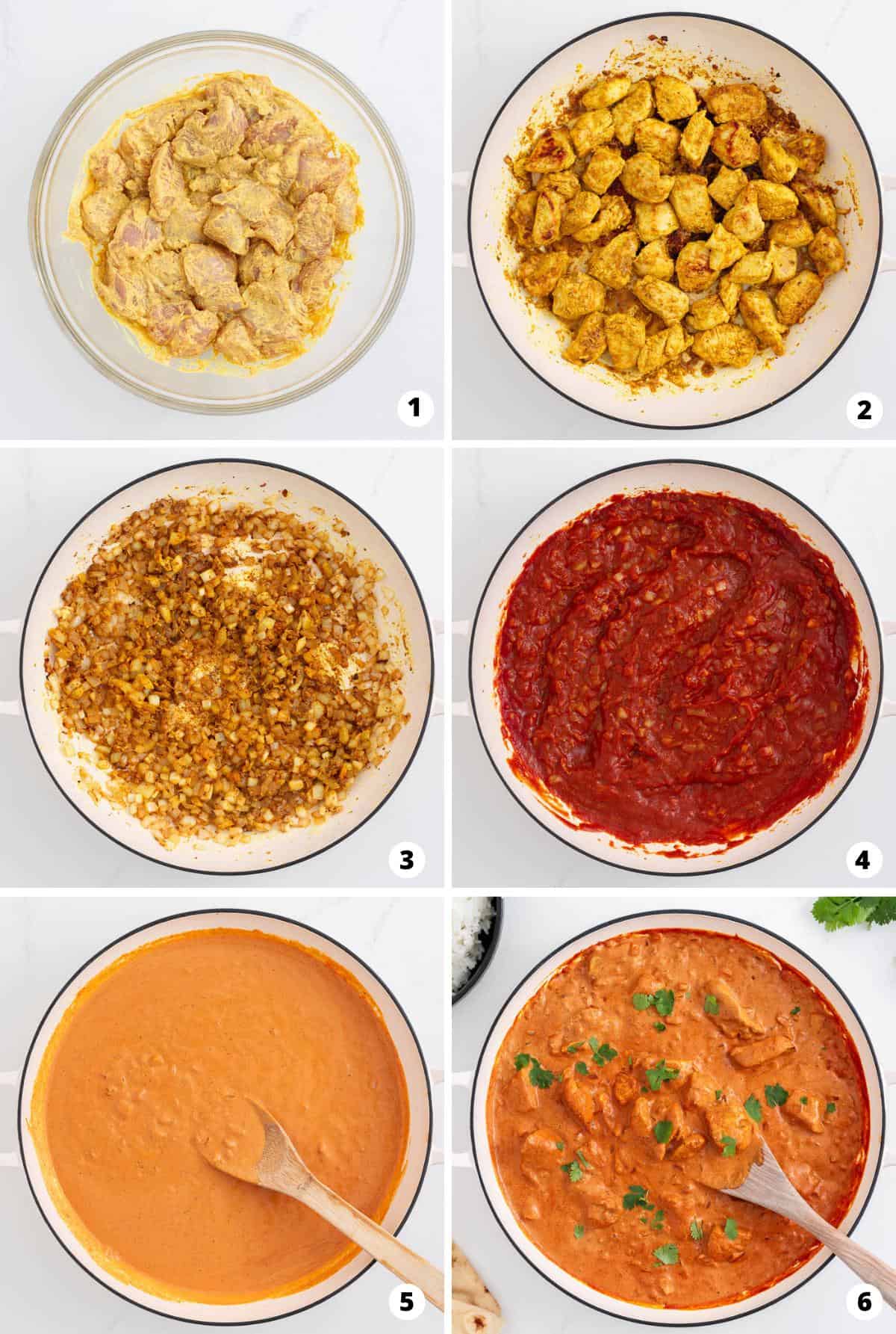 Showing how to make chicken tikka masala in a 6 step collage.