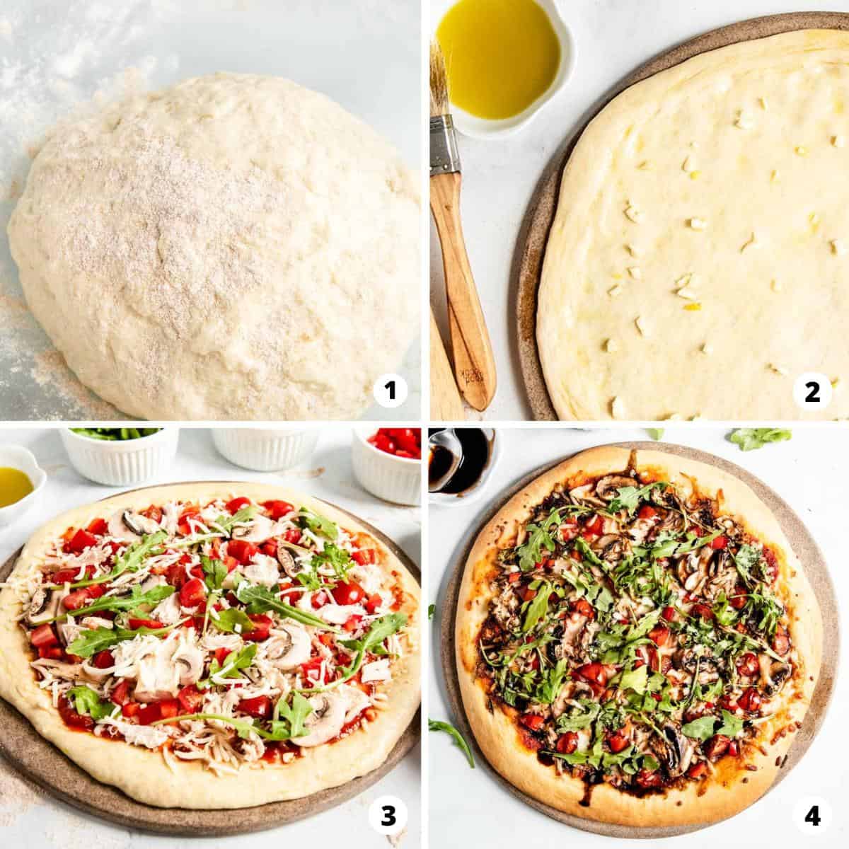 A four step collage on how to make healthy pizza. 