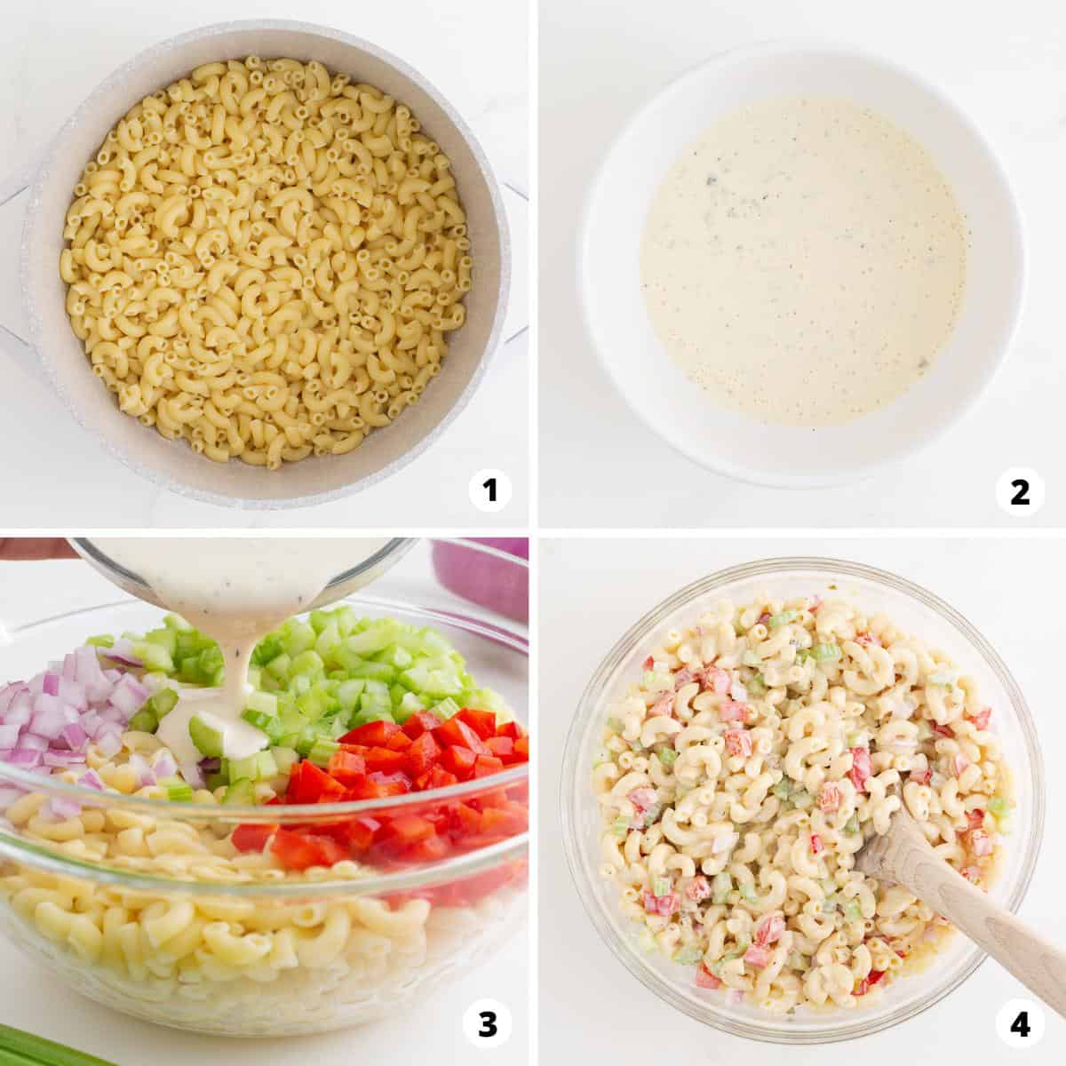 Showing how to make macaroni salad in a 4 step collage.