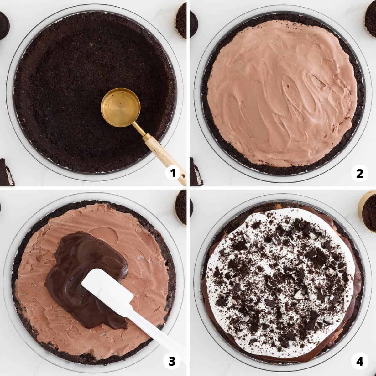 Showing how to make mud pie in a 4 step collage.