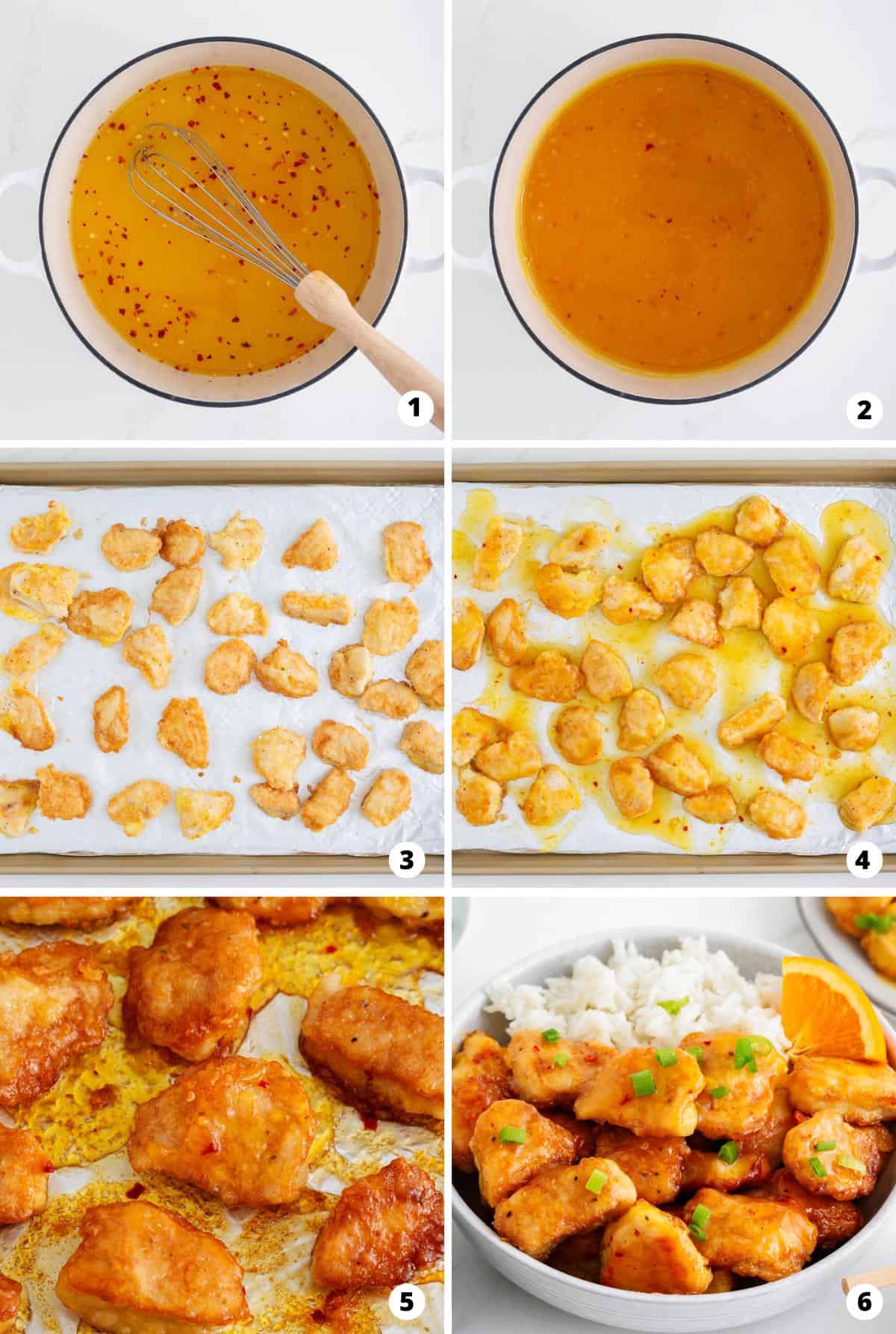Showing how to make orange chicken in a 6 step collage.