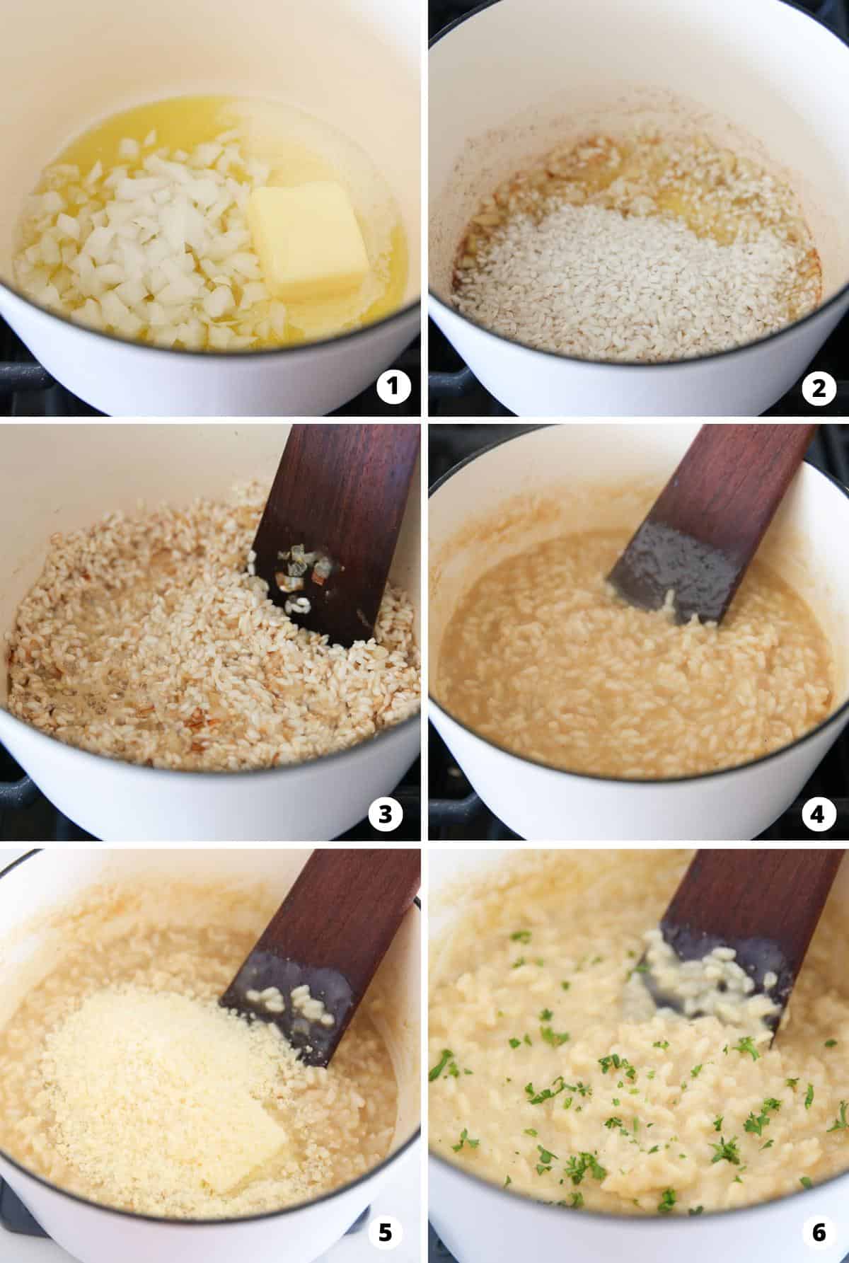 Showing how to make risotto.