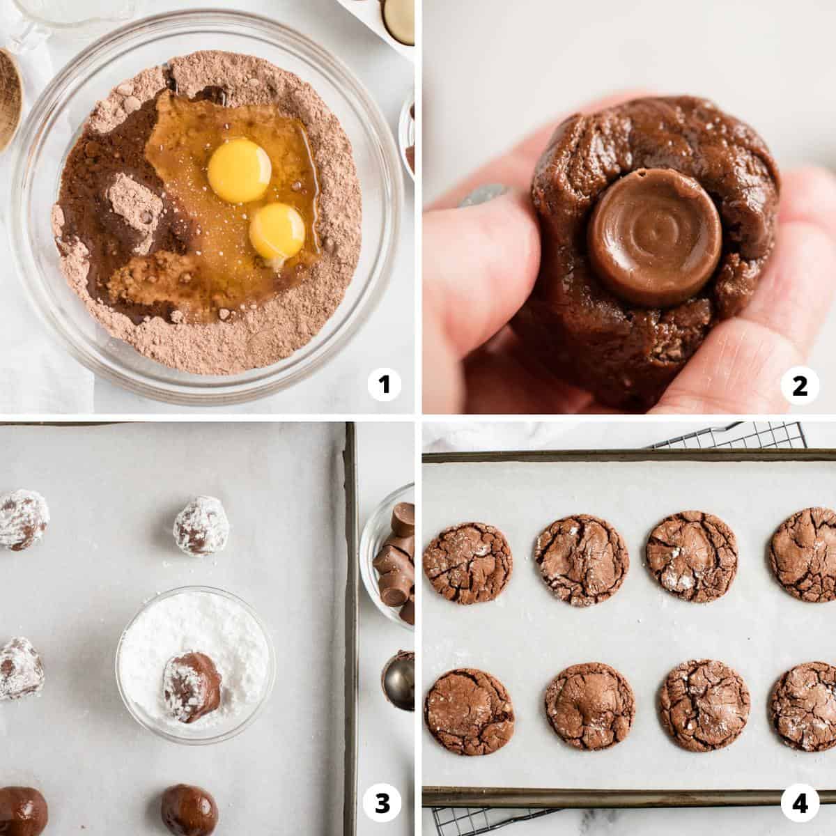 Four step collage with how to make rolo cookies. 