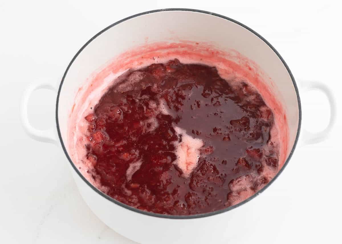 Strawberry rhubarb jam after simmering on stove.