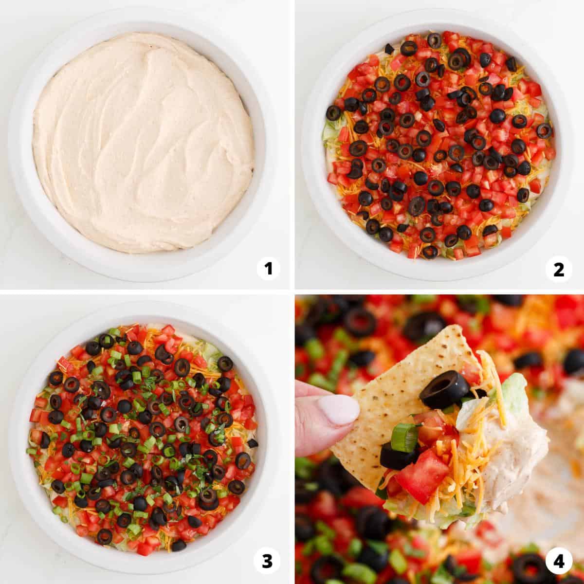 Showing how to make taco dip in a 4 step collage.
