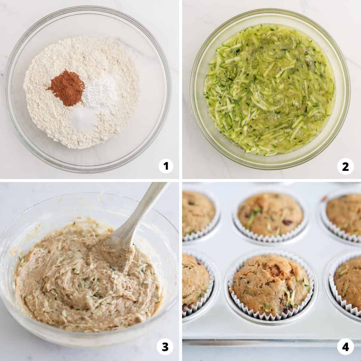 Showing how to make zucchini muffins in a 4 step collage.