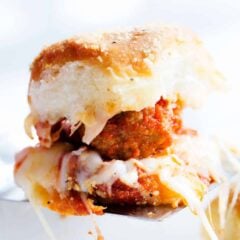 A meatball slider on a Hawaiian roll.