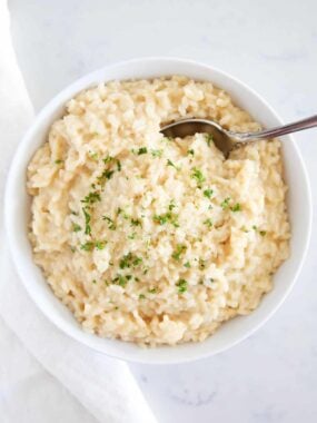Risotto in a white bowl.
