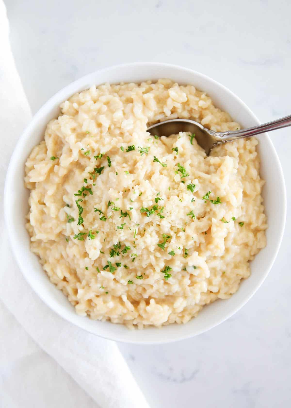 Risotto in a white bowl.