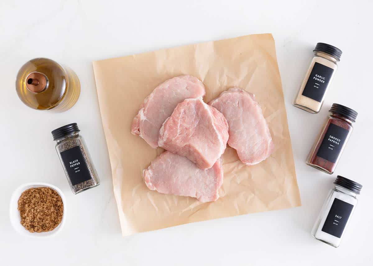 Pork chop ingredients on the counter.