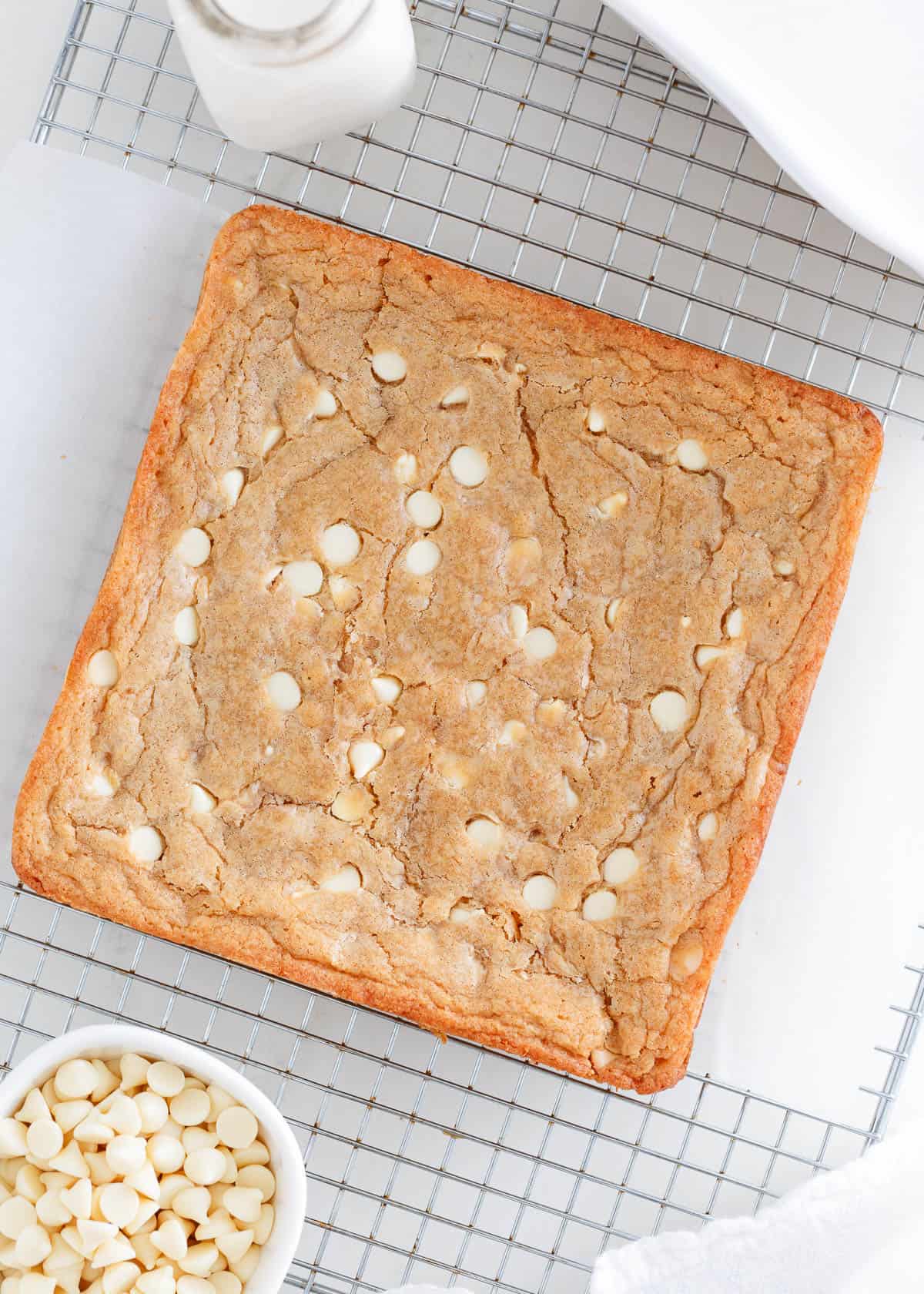 Blondies on a cooling rack.