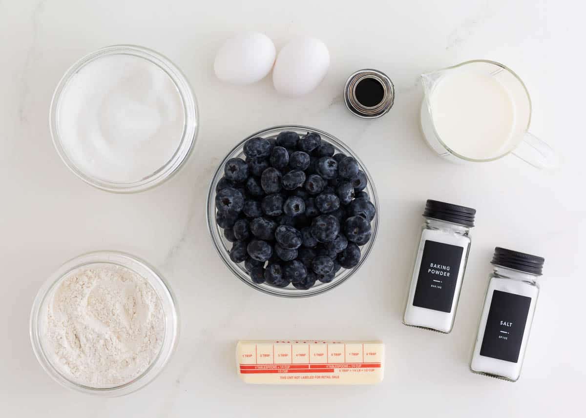 Blueberry muffin ingredients on the counter.