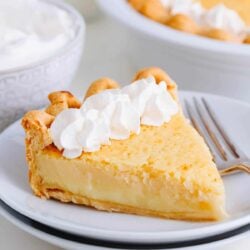 Slice of buttermilk pie on a plate.