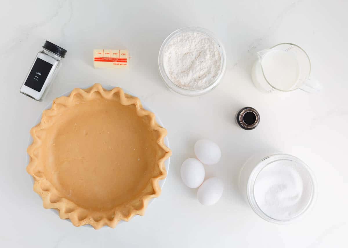 Buttermilk pie ingredients on counter.
