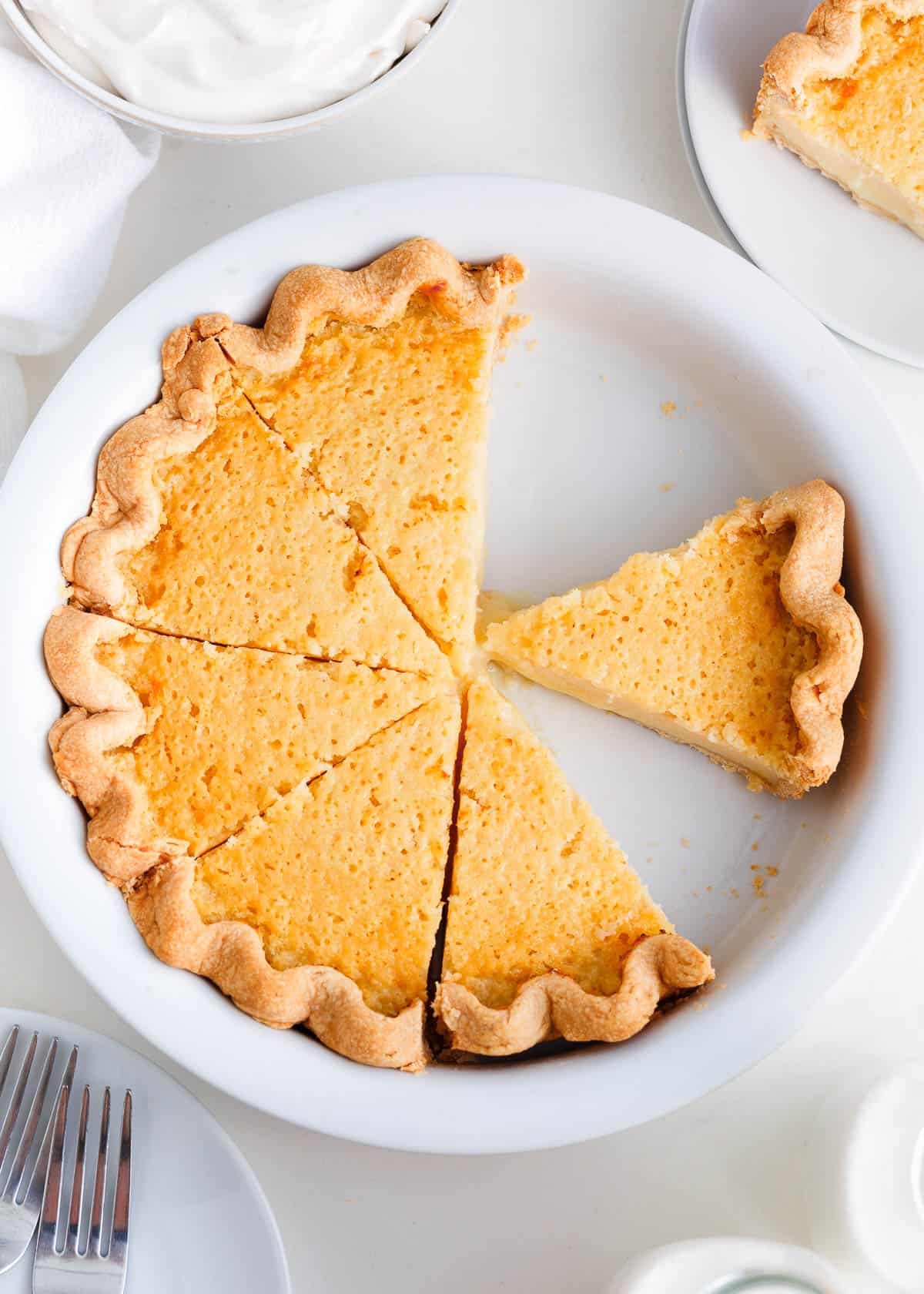 Buttermilk pie in a pie dish.