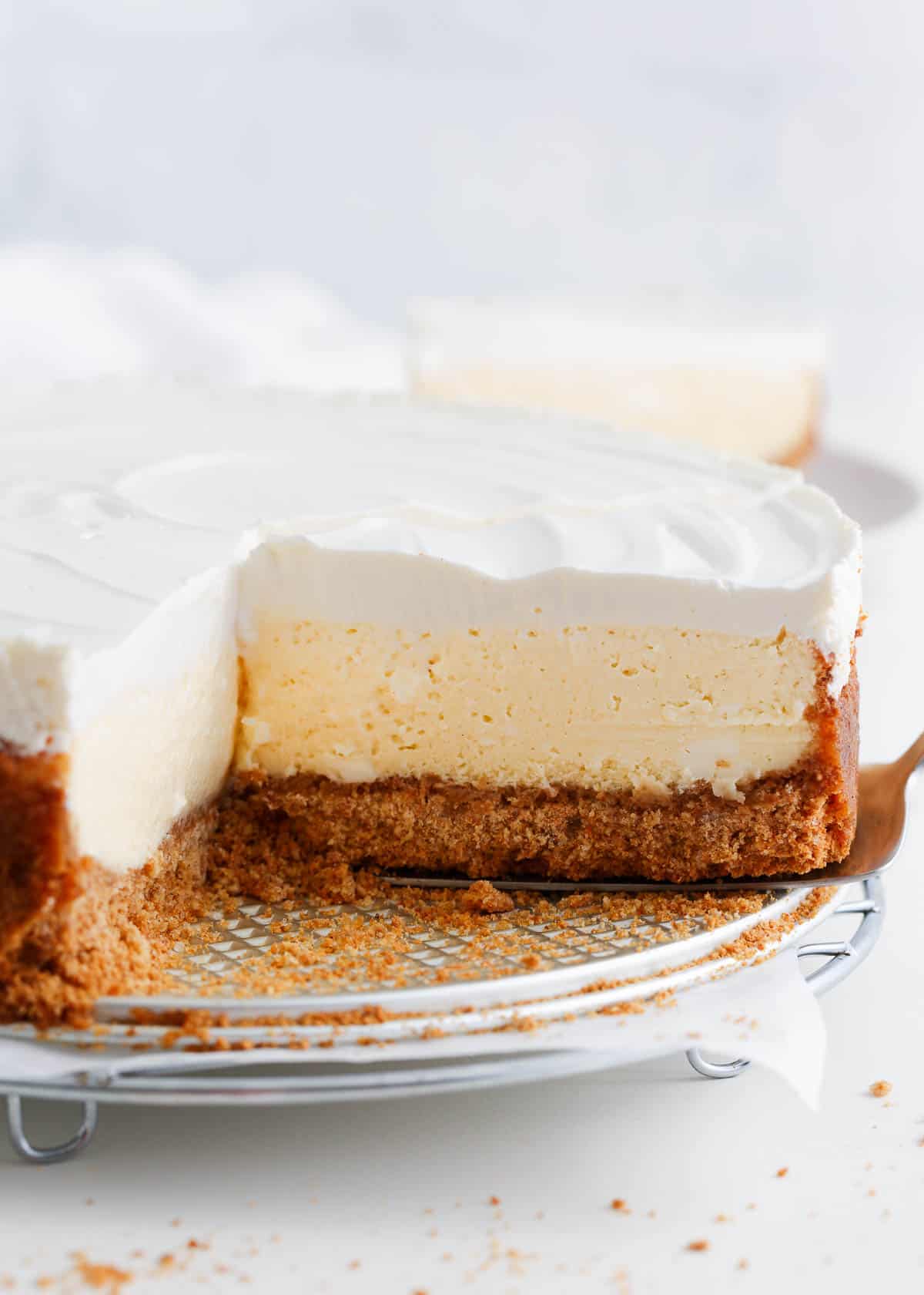 Slice of cheesecake on wire rack.