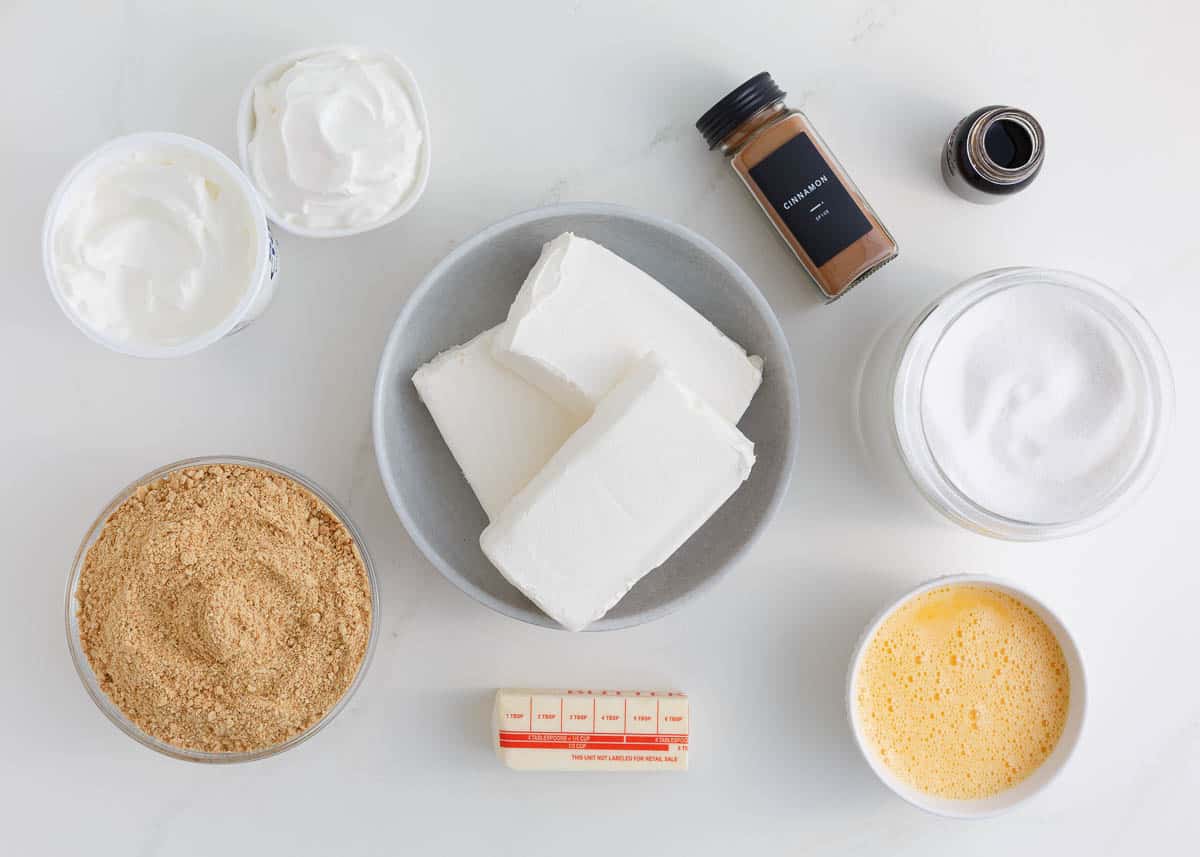 Cheesecake ingredients on counter.
