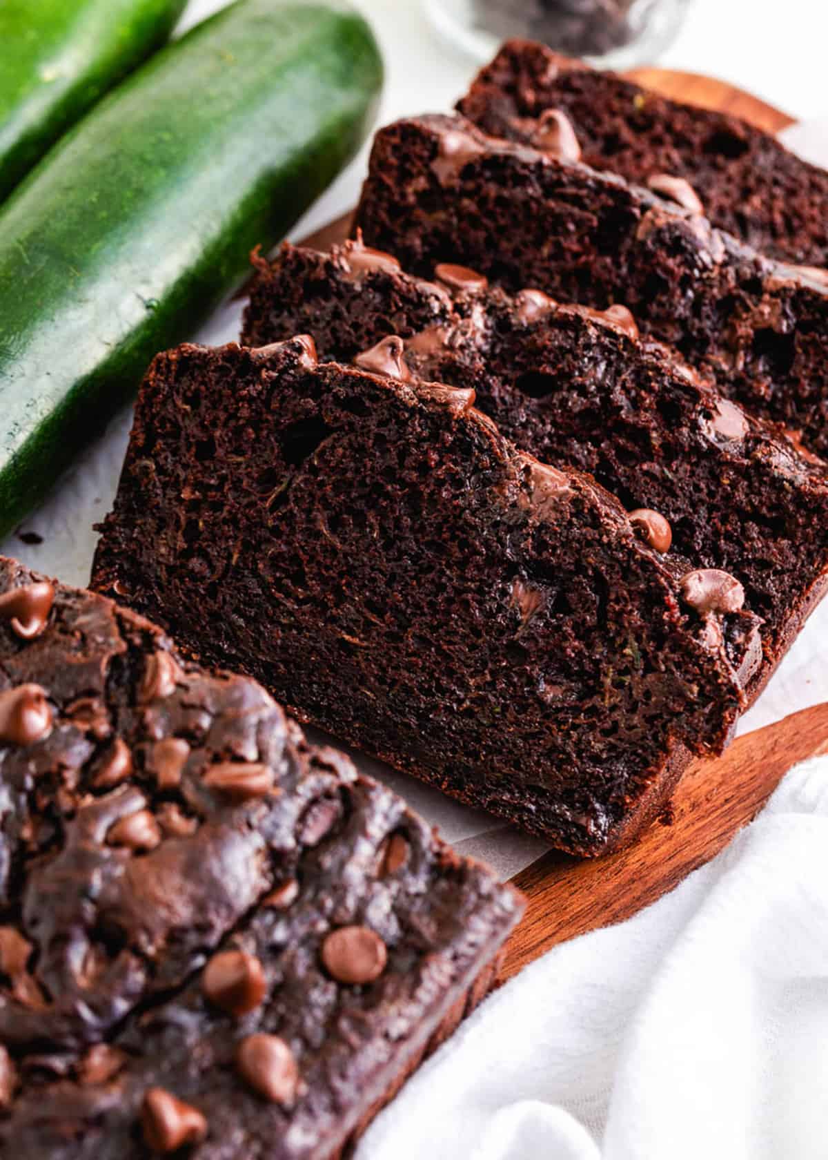 Sliced chocolate zucchini bread.