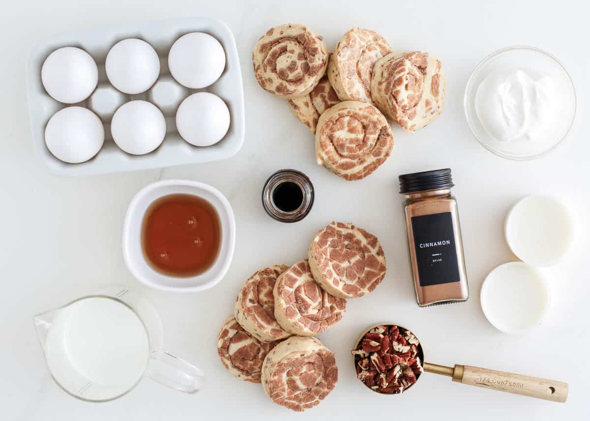 Cinnamon roll ingredients on counter.