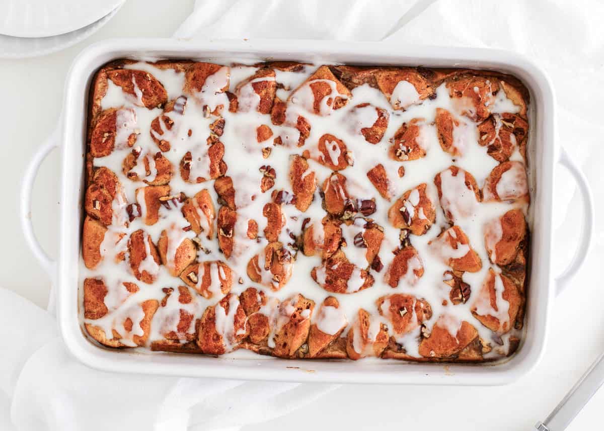 Cinnamon roll casserole in a white baking dish.