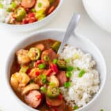 Gumbo in a bowl with rice.