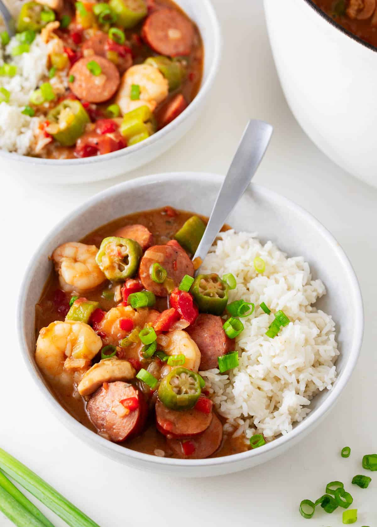 Gumbo in a bowl with rice.