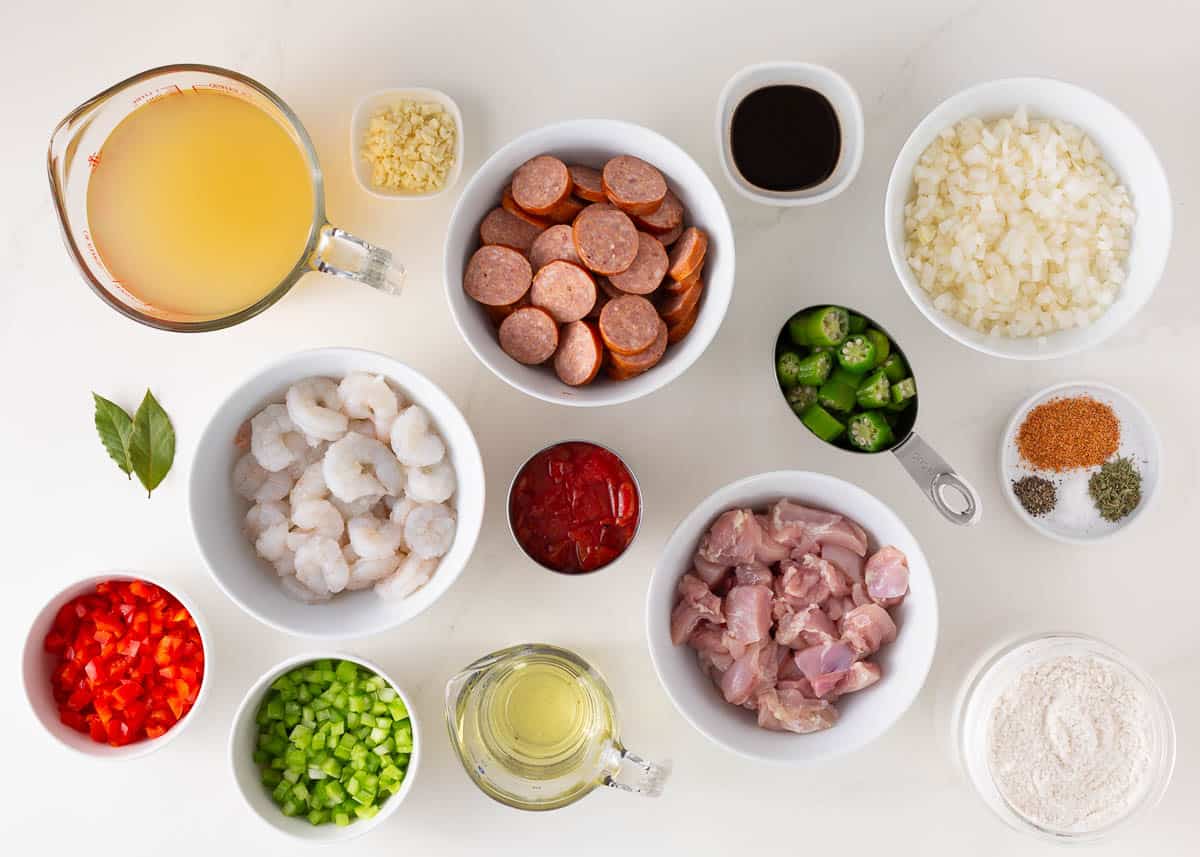 Gumbo ingredients on counter. 