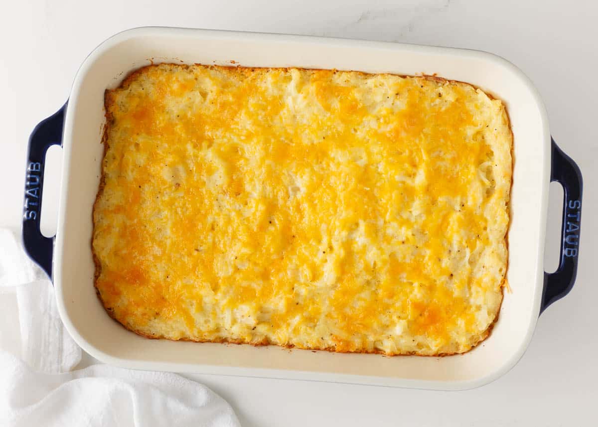 Hashbrown casserole in baking dish.