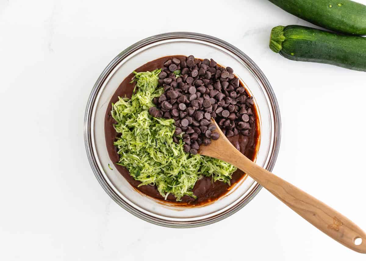 Shredded zucchini and chocolate chips in a bowl of chocolate quick bread batter.