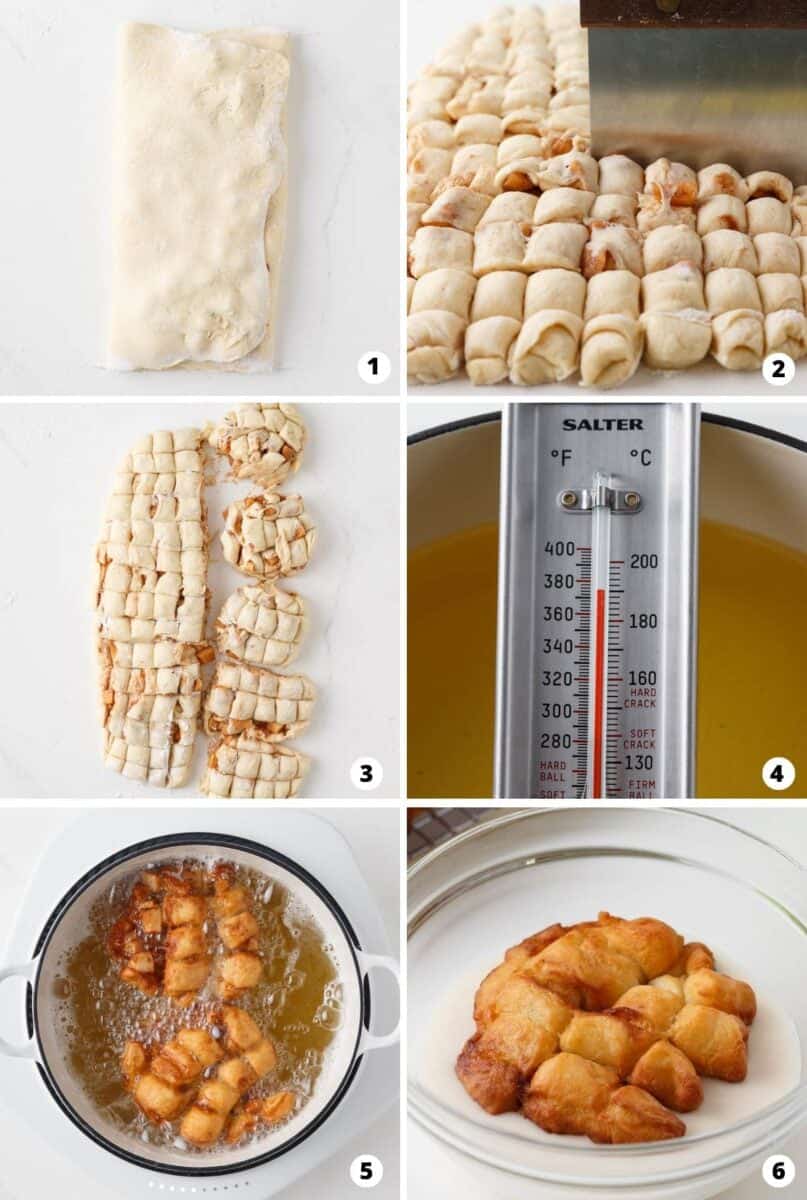 Showing how to make apple fritters in a 6 step collage.