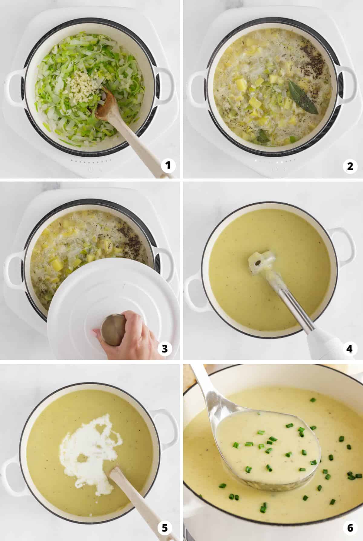 Showing how to make potato leek soup in a 6 step collage.